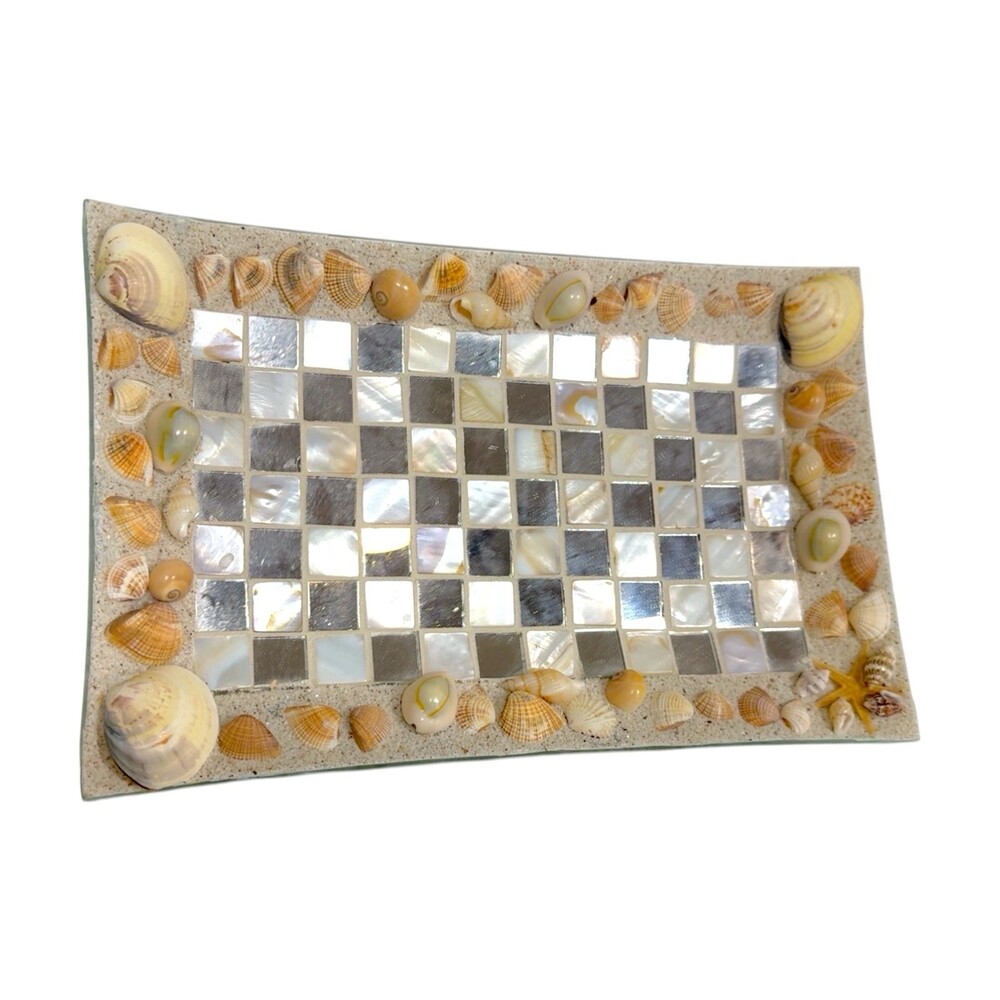 Vintage Seashell Mother of Pearl Mosaic Mirror Glass Tray Coastal Vanity Trinket